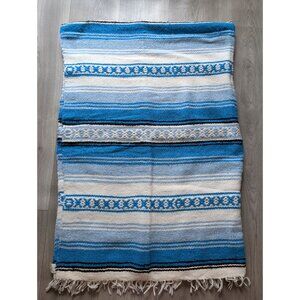 Handwoven Mexican Serape Blanket Blue & White  74"x49" Cotton Fringed Edges